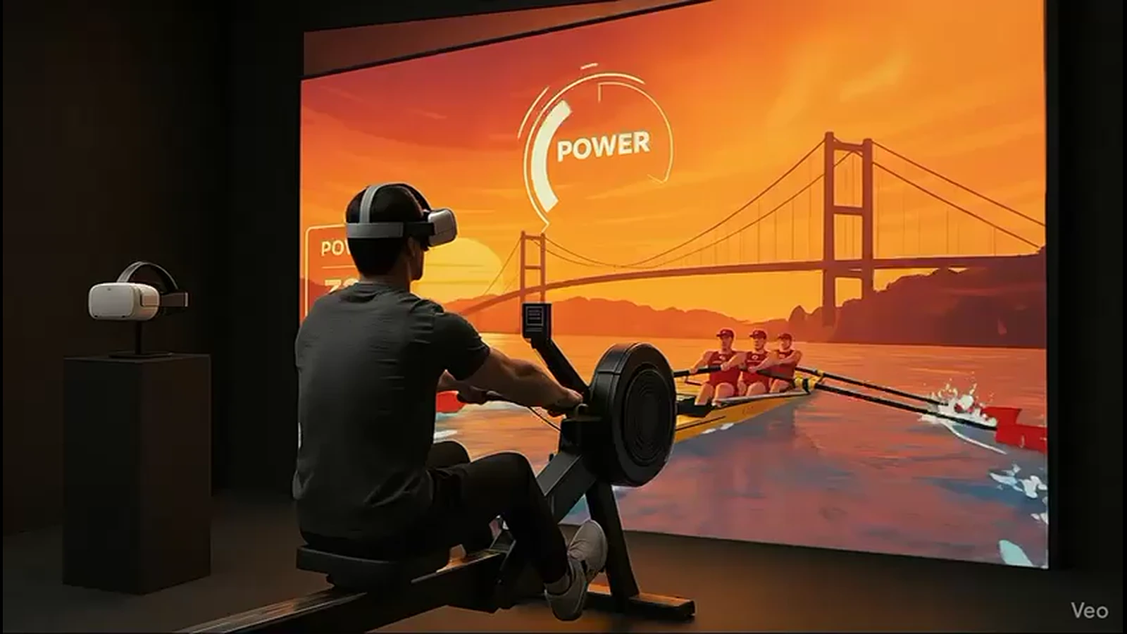 VR başlığıyla sanal kürek parkurunu deneyimleyen kullanıcı